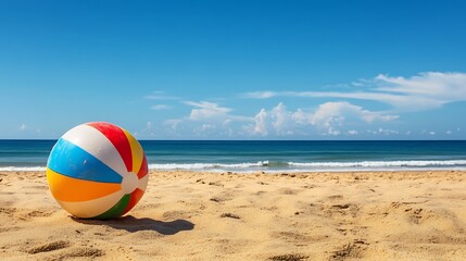 Obraz premium Colorful beach ball on the sandy beach with the ocean and sky in the background