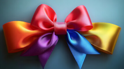 A colorful rainbow satin pride bow for gift and present wrapping promoting unity, diversity and LGBTQ inclusion in a beautiful ribbon