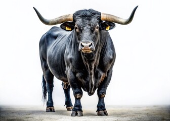 Majestic Black Angus Bull with Massive Horns on White Background - Surreal Stock Photo