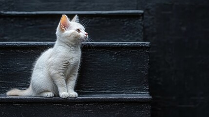 A white cat is walking up the stairs.