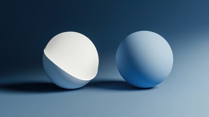 Abstract 3D render of two spheres, one sliced open, revealing a white interior against a blue background.