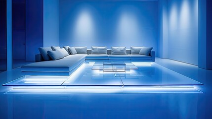 A white coffee table with blue LED lights on a glass top
