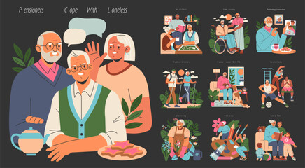 Pensioners Cope With Loneless. Flat Vector Illustration
