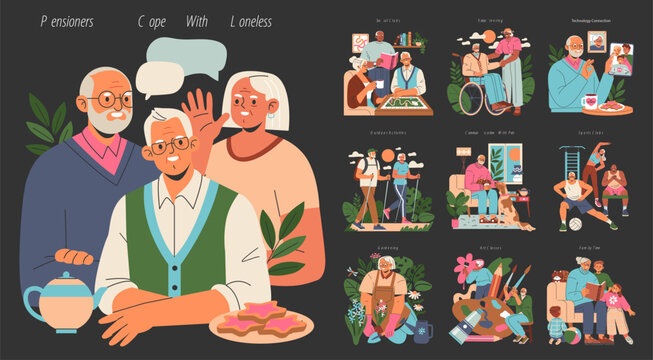 Pensioners Cope With Loneless. Flat Vector Illustration