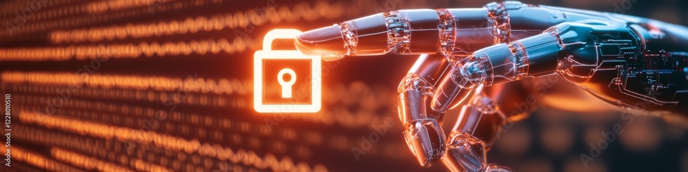 Poster Futuristic Cybersecurity Vision Robotic Hand with Digital Circuitry and Glowing Lock Icon - AI Safety Visuals for Advanced Tech Branding and Network Defense Strategy