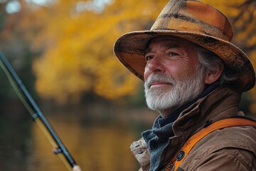Serene Senior Fisherman Enjoying Tranquil Autumn Lakeside Moment