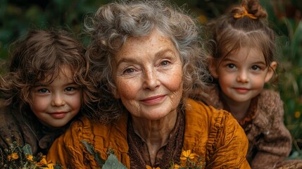 Fototapeta premium Joyful Senior Grandmother Surrounded by Laughing Grandchildren Enjoying a Picnic in Lush Park