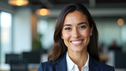 Obraz premium Young happy confident smiling professional business woman, professional female inside office, copy space
