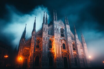 Obraz premium A Gothic cathedral greatly bathed in moonlight, its towering spires piercing the dark sky, with ominous shadows cast on the ground