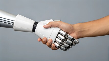 This image shows a close-up of a handshake between a robotic hand and a human hand. 
