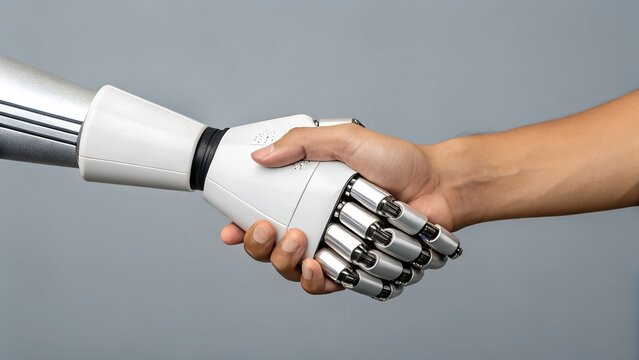 This image shows a close-up of a handshake between a robotic hand and a human hand. 