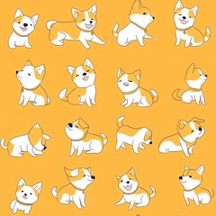 Fototapeta premium Cute dogs doodle set. Cartoon dog or puppy characters design collection with flat color in different poses.