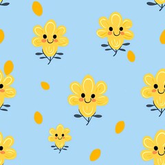 Cute funny kawaii smile face flowers on blue background seamless pattern