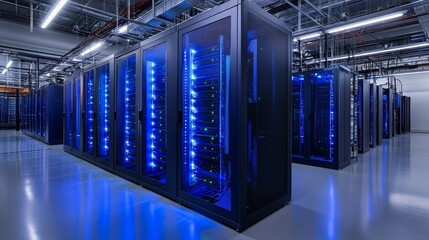 An advanced data center room housing several sleek server racks, vividly illuminated in blue light, representing technological progress, computing, and connectivity.
