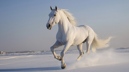 White horse galloping through snowy landscape. Perfect for winter wildlife photography and equine motion studies.