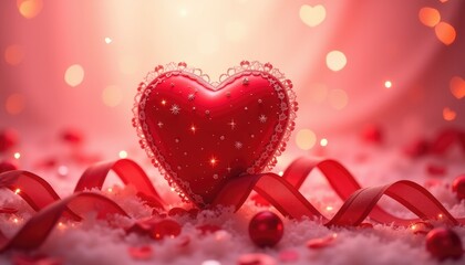 Sparkling red heart with ribbon on romantic bokeh background