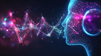 An abstract image of the human auditory system with glowing ear structures and sound waves against a dark, dynamic background, Neon style