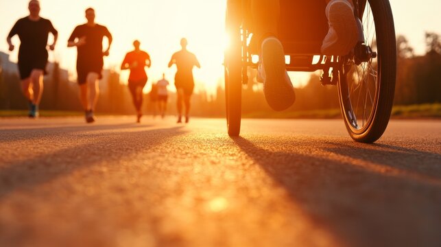 Dynamic Urban Run Mixed-Ability Athletes on Textured Asphalt - Inclusive Sports Imagery for Social Impact and Supportive Fitness Campaigns
