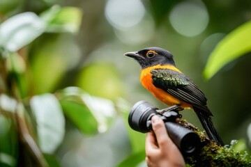 Fototapeta premium A birder with binoculars and a checklist, identifying a rare bird perched on a branch in a dense forest