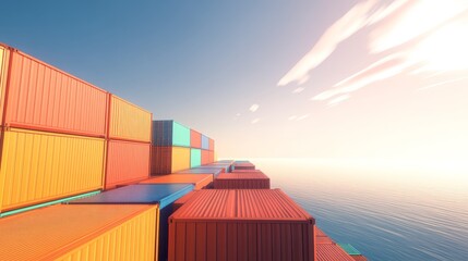 Fototapeta premium Colorful shipping container stacked along a dock at sunset, reflecting in calm waters