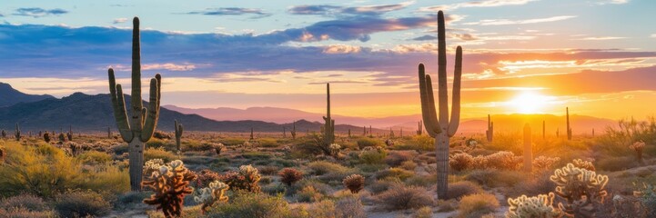 Naklejka premium The bright sunset casts a warm golden glow on the desert landscape, illuminating the tall saguaro cacti and cholla cacti. Mountains are visible on the horizon. A banner with space for the text.