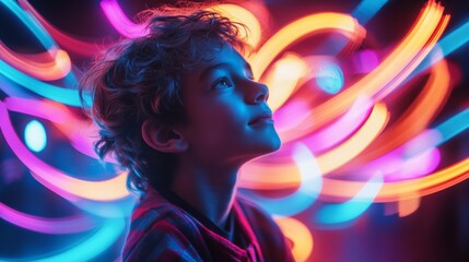 A young child looks up with awe at vibrant neon lights swirling around, creating a captivating and dreamy atmosphere full of curiosity and imagination.