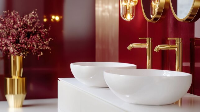 A modern bathroom features dual white vessel sinks atop a white countertop, complemented by golden faucets and a backdrop of deep red walls with a decorative plant to the left