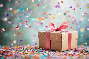 Colorful Gift Box Surrounded by Vibrant Confetti for Celebrations, Birthdays, or Special Events Capturing Joyful Moments and Festive Spirit in a Beautiful Setting