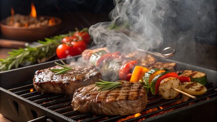 This image captures a close-up view of food being grilled on a cast iron grill.