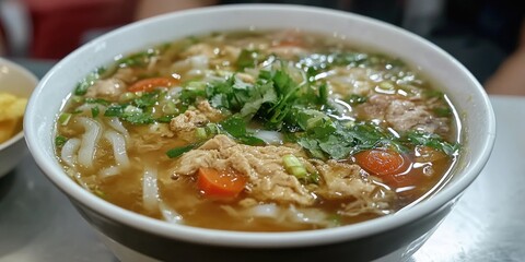 A bowl of soup, possibly Vietnamese Pho or a similar Asian dish, with rice noodles, vegetables, and seasoning. It's served in a white bowl on a table and is ready to be enjoyed.
