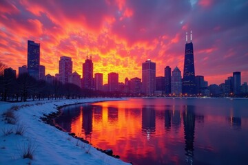 Obraz premium Fiery winter sunset paints Chicago's skyscrapers orange and purple, light, sunset, winter