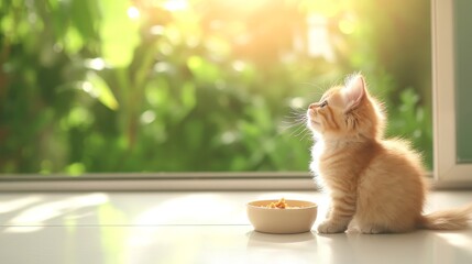 Obraz na płótnie Canvas Adorable orange kitten sitting by a sunny window, gazing upward while food bowl awaits nearby