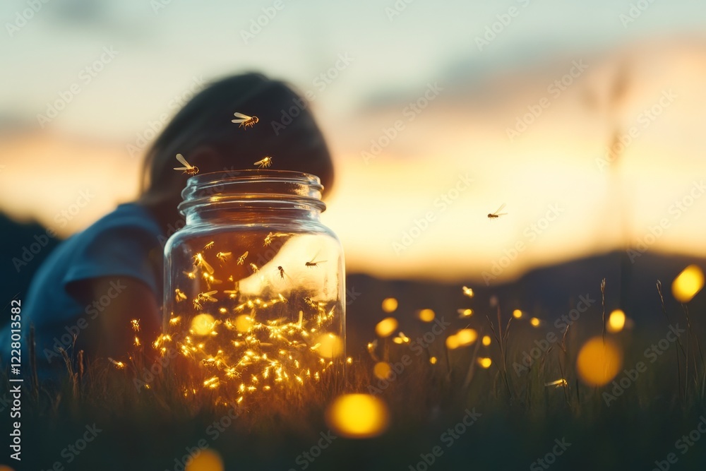Poster a child observing fireflies in a jar during twilight, their face lit by the tiny glowing insects