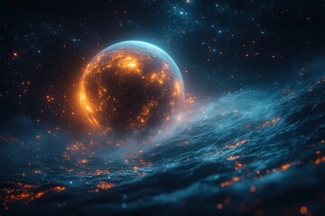 Explosive cosmic event ignites oceanic planet digital art creation sci-fi environment aerial view