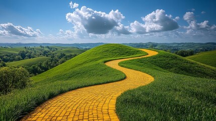 This image features a winding yellow brick road traversing lush, rolling hills beneath a blue sky dotted with fluffy clouds, inviting exploration and discovery.