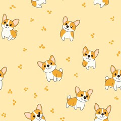 Obraz premium Seamless Pattern of Cute Cartoon Corgi Design on Light Yellow Background.