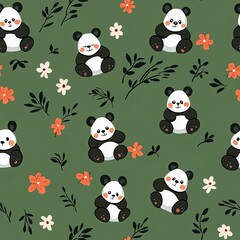 Naklejka premium Seamless Pattern with Cartoon Panda and Flower Design on Green Background.