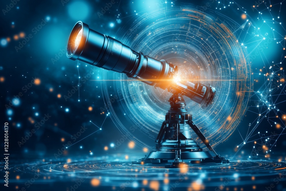 Poster A clean design of a telescope pointing toward the stars, surrounded by abstract patterns of constellations