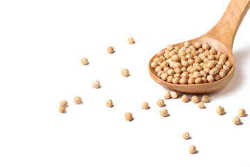 Group of chickpeas on a wooden spoon on a white background