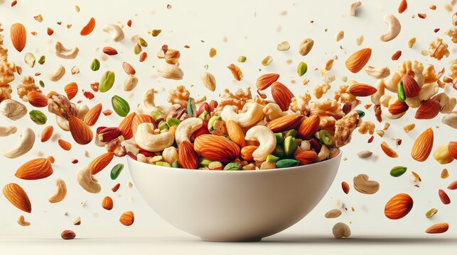 An action-packed scene capturing various nuts like almonds, cashews, and walnuts catapulted above a bowl, depicting abundance and energy in a dynamic composition.