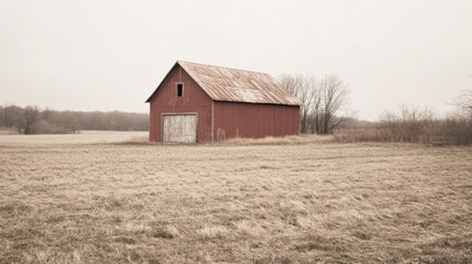 Obraz premium Rustic red barn in a desolate winter field.