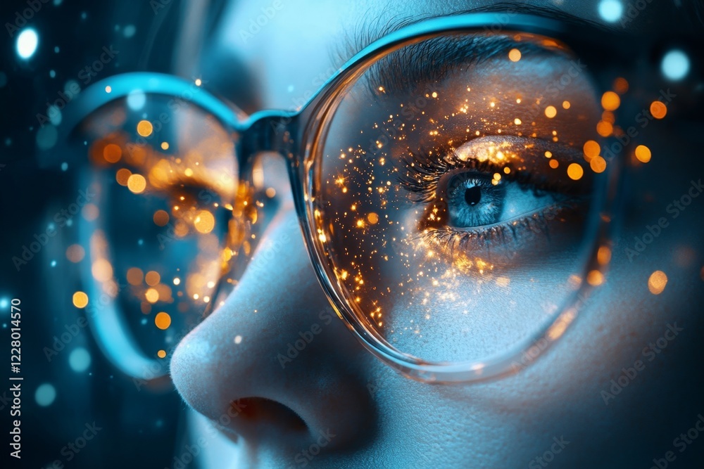 Poster a close-up of a person face greatly illuminated by a spark of inspiration while working late at nigh