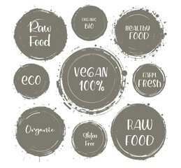 Green vector organic labels, bio emblems for restaurants menu, natural products packaging. Vegan, gluten free, fresh raw healthy food, premium quality, locally grown eco friendly stamps on white.
