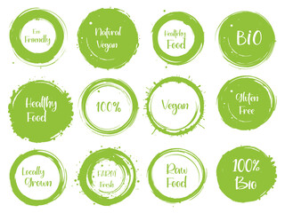 Vector organic labels, bio emblems for restaurants menu, natural products packaging. Gluten free, vegan fresh raw healthy food, premium quality, locally grown eco friendly insignia stamps collection.