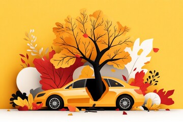 A colorful 2D illustration of a tree growing through the middle of a broken-down car, symbolizing nature overtaking a former mode of transportation