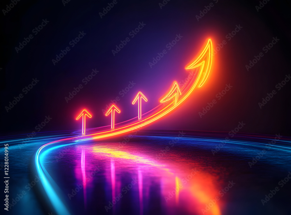 Canvas Prints neon arrows ascend a glowing curve on a dark reflective surface, symbolizing growth and progress. th