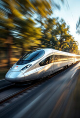 Fototapeta premium A sharply focused high-speed train streaks through a blurred landscape, showcasing dynamic energy, innovation, and modern transportation.