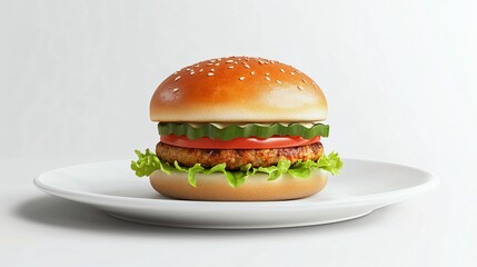 Hamburger Ready To Eat On White Plate Placed On Simple Surface With Plain Background Close Up View.