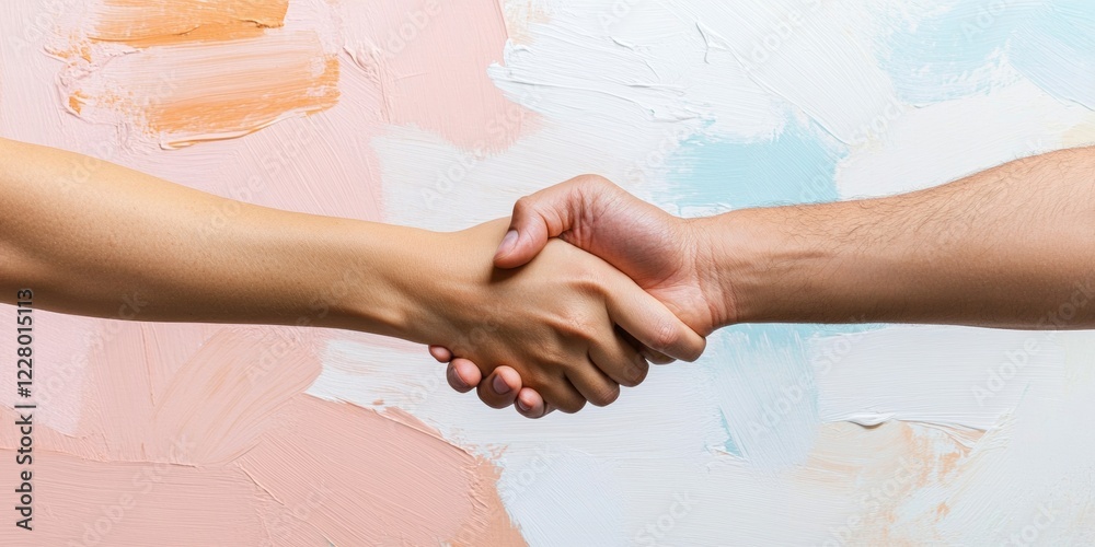 Poster contemporary pastel abstract empathy in healthcare - two diverse hands connecting authentically on c