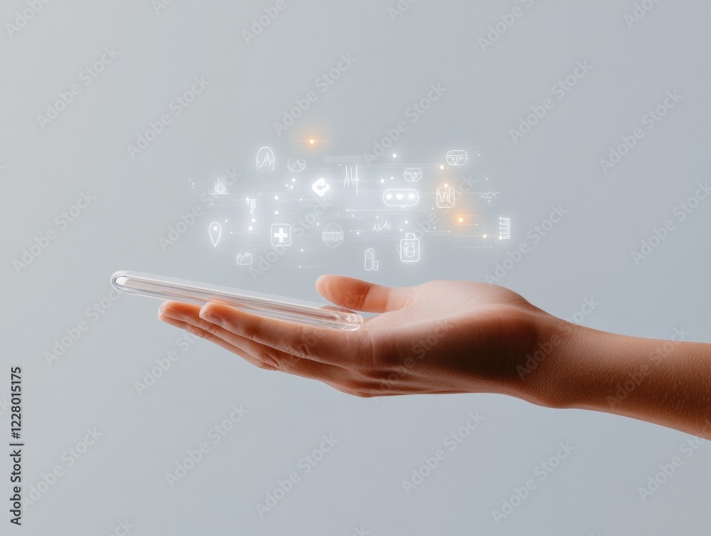 Aufkleber futuristic medtech display hand with transparent tablet and holographic medical graphics - innovativ